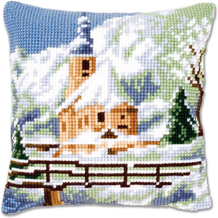 Vervaco Kirche im Schnee Kreuzstichkissen/Stickkissen vorgedruckt, Baumwolle, Mehrfarbig, 40 x 40 x