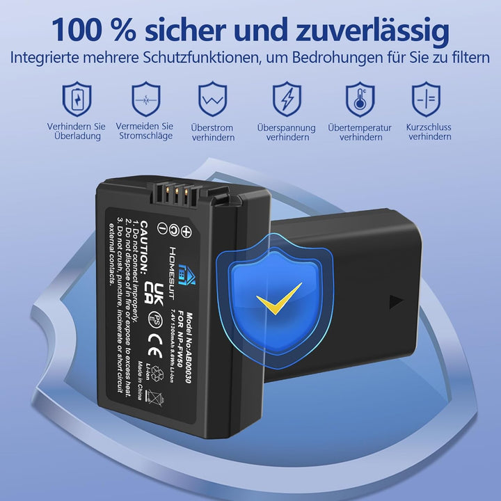 Homesuit NP-FW50 Akku und USB Dual Ladegerät Kit für Sony ZV-E10, A6000-Akkus, A6500, A6300, A7II, A