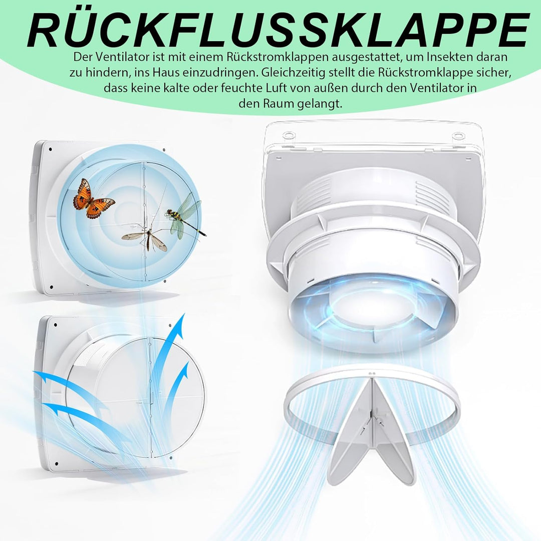 Leiser Badlüfter 100mm, Mit Nachlauf, Abluftventilator Wandventilator mit Rücklaufklappe, Lüfter f.