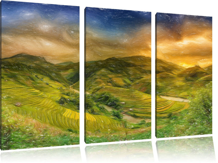 Pixxprint eine Berg Farm in Asien Kunst Buntstift Effekt als Leinwandbild 3 teilig/Grösse: 3 Teilig