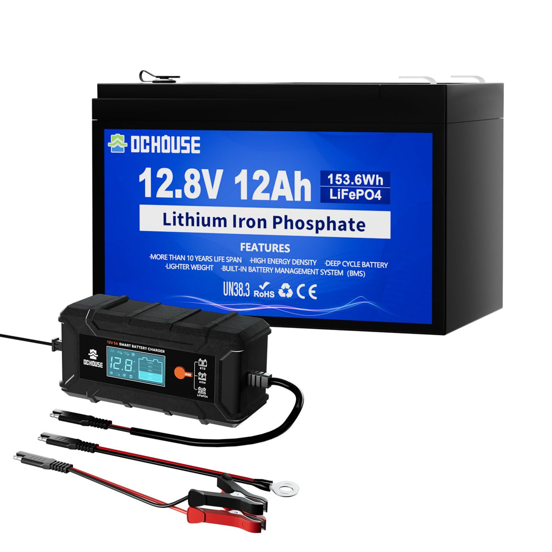 DCHOUSE 12V 12Ah LiFePO4 Lithium Batterie mit 5A Ladegerät und 15A BMS, 10 Jahre Lebensdauer, über 1