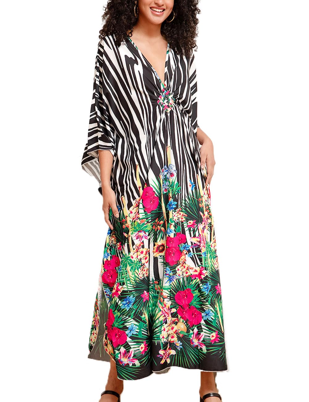 Damen Kaftan Strandkleid Boho Floral Lange Übergrösse Pareos Lose Kimono Sommer Tunika Maxikleid Far