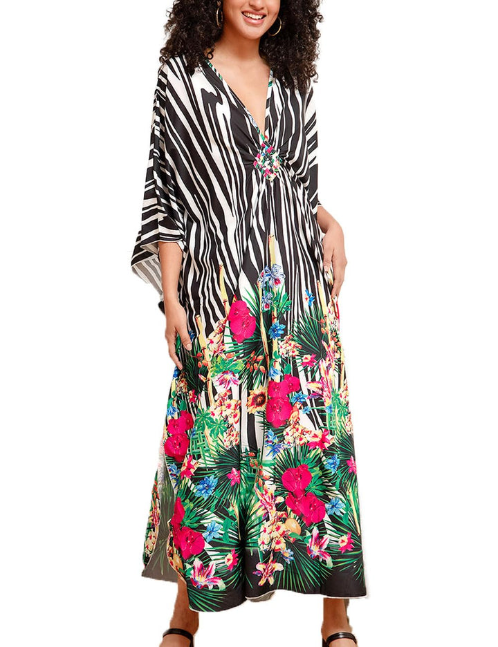 Damen Kaftan Strandkleid Boho Floral Lange Übergrösse Pareos Lose Kimono Sommer Tunika Maxikleid Far