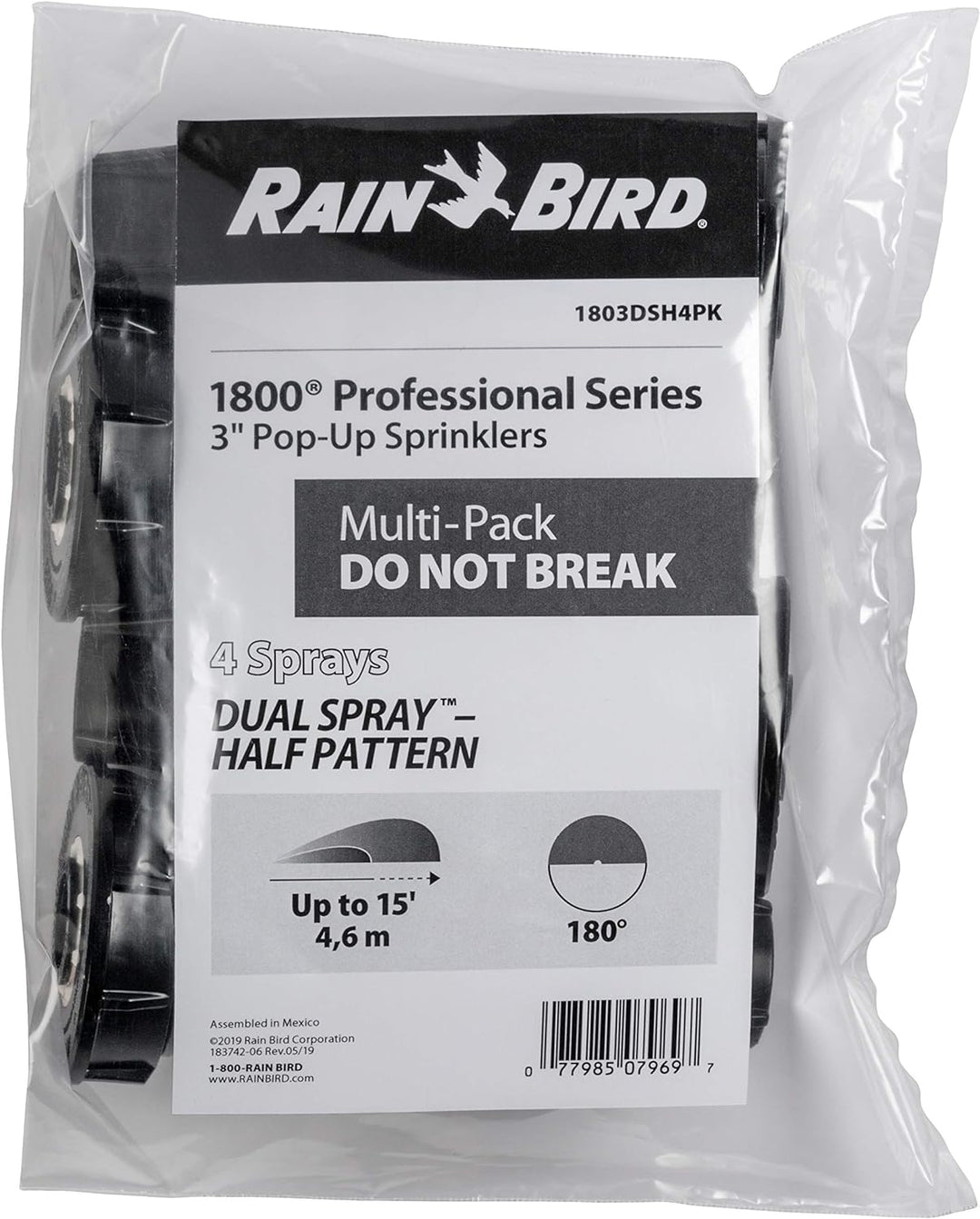 Rain Bird 1803DSH4PK Professioneller Dual-Sprüh-Pop-Up-Sprinkler, 180° Halbkreismuster, 2,4 m - 4,1