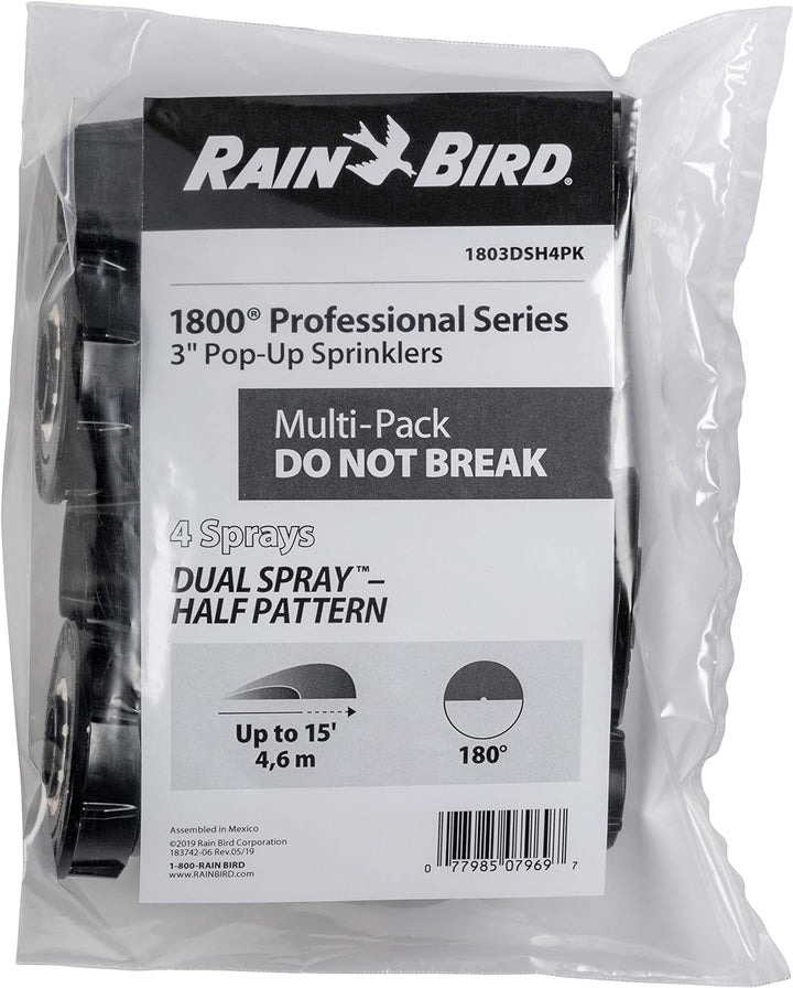 Rain Bird 1803DSH4PK Professioneller Dual-Sprüh-Pop-Up-Sprinkler, 180° Halbkreismuster, 2,4 m - 4,1