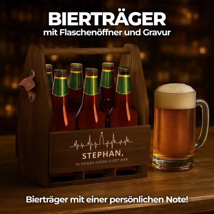 Maverton Bierträger für 6 Flaschen 0,5L + Gravur - Männerhandtasche mit Flaschenöffner - Grösse: 25x