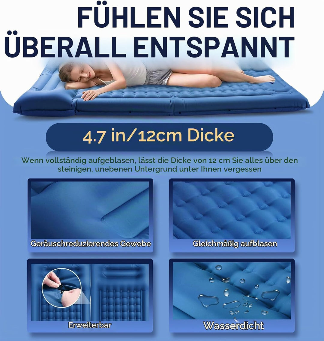 Luftmatratze Camping Matratze 12CM mit Fusspumpe Isomatte Camping mit Integrierten Kopfkissen für Ca