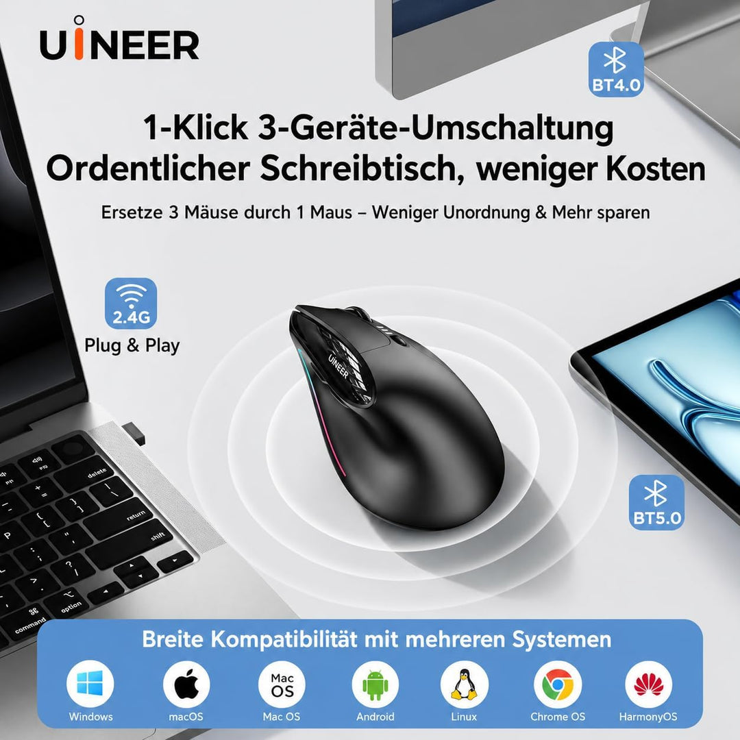Uineer Ergonomische, kabellose vertikale Maus, dreifarbige Atemlichter, BT5.0/4.0/2.4G Bluetooth, wi