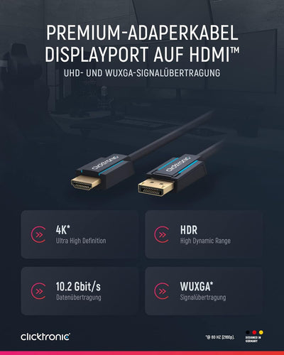 Clicktronic DisplayPort HDMI Kabel 4k 60 Hz unidirektional mit Signalverstärker - DP 1.4 zu HDMI 2.0