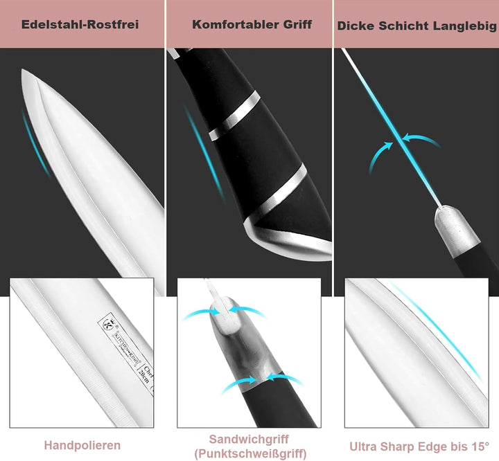 9-tlg Messerset mit Drehbare Acryl Messerblock, Rosa Sharp Antihaft Beschichtete Kochmesser Block Se
