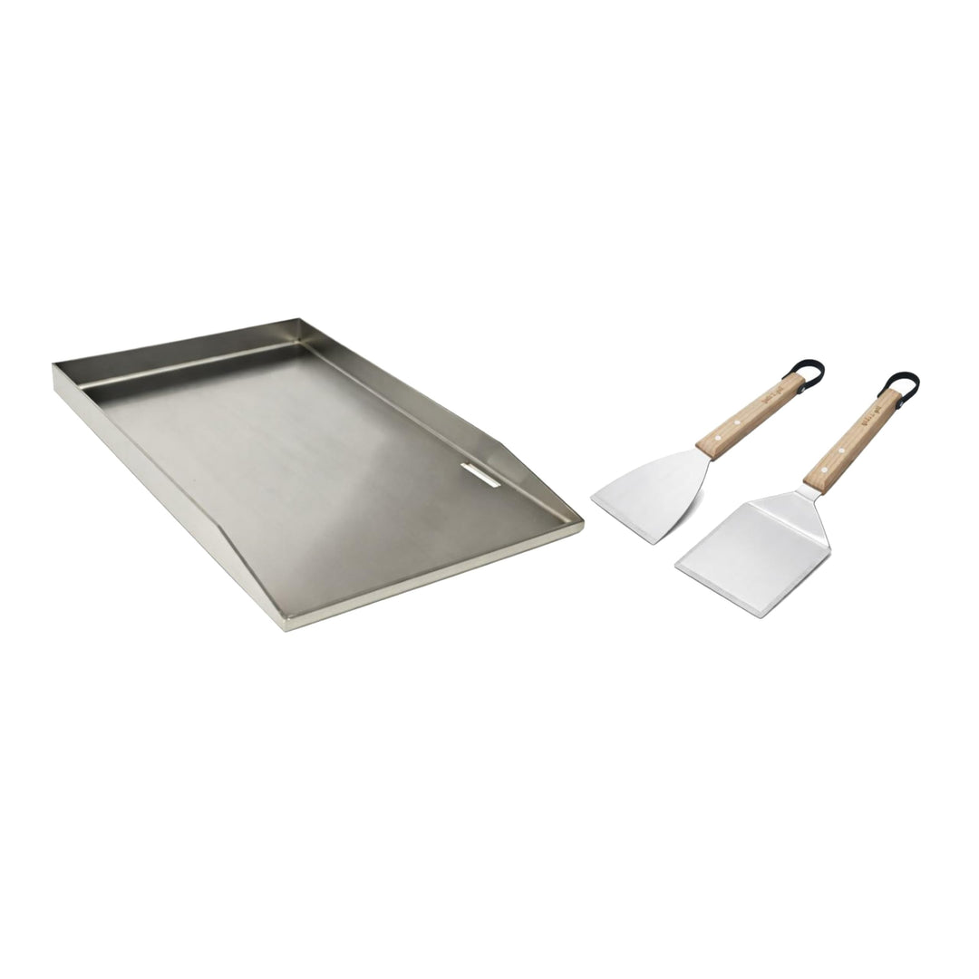 GEDA Grill Plancha Grillplatte Edelstahl Set, massiv 4mm, rostfrei, 49x 30x 4cm – mit 2-tlg. Grillsp