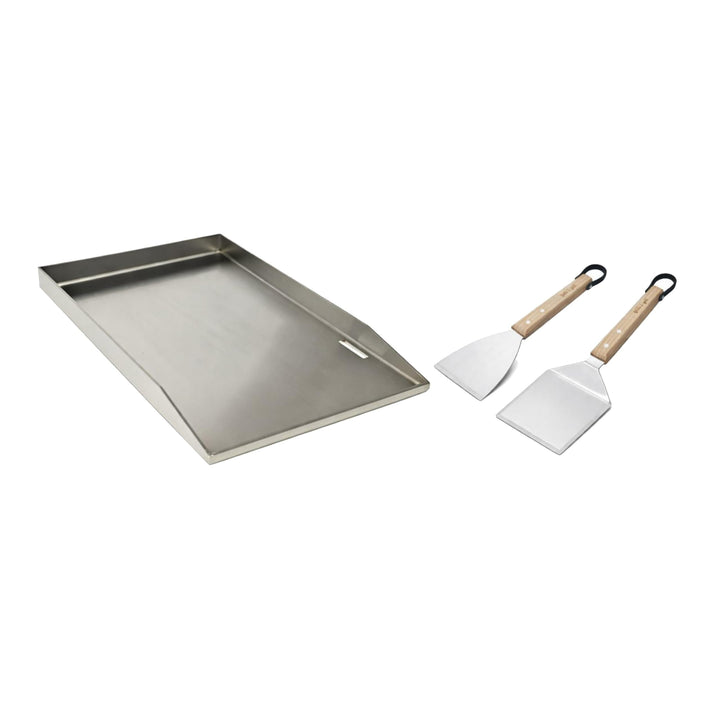 GEDA Grill Plancha Grillplatte Edelstahl Set, massiv 4mm, rostfrei, 49x 30x 4cm – mit 2-tlg. Grillsp