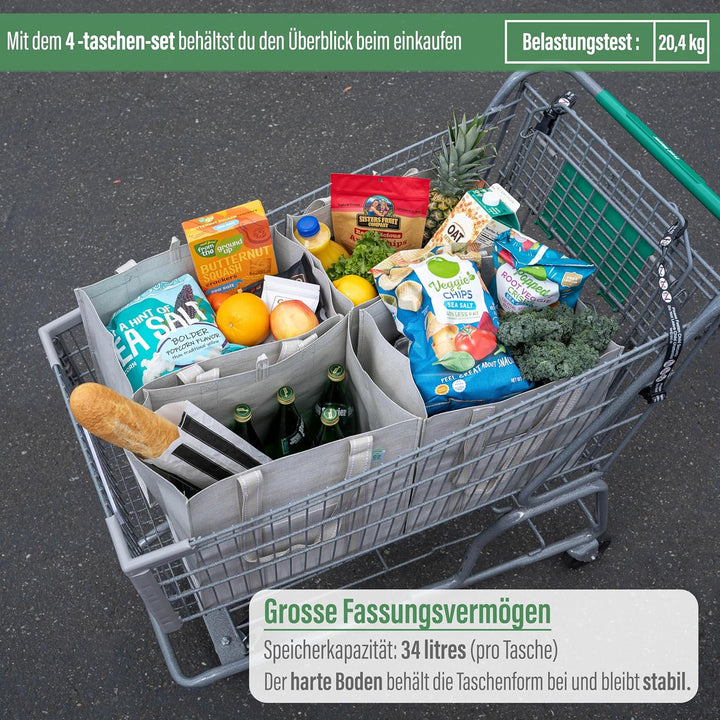 VENO 4-er Pack wiederverwendbare Einkaufstaschen mit festem Boden, Fronttasche, Mehrzweck-Einkaufsta