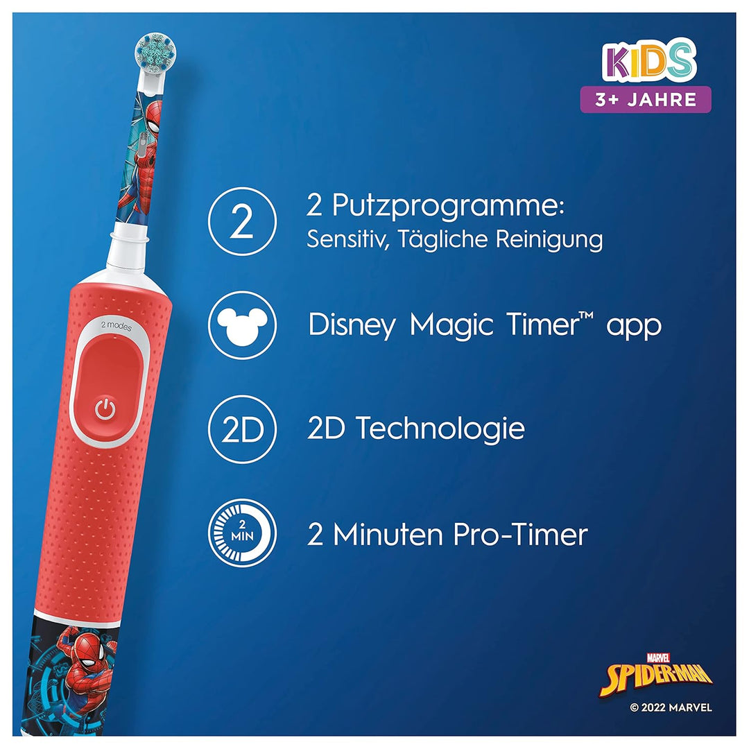 Oral-B Kids Spiderman Elektrische Zahnbürste für Kinder ab 3 Jahren, extra weiche Borsten, 2 Putzmod