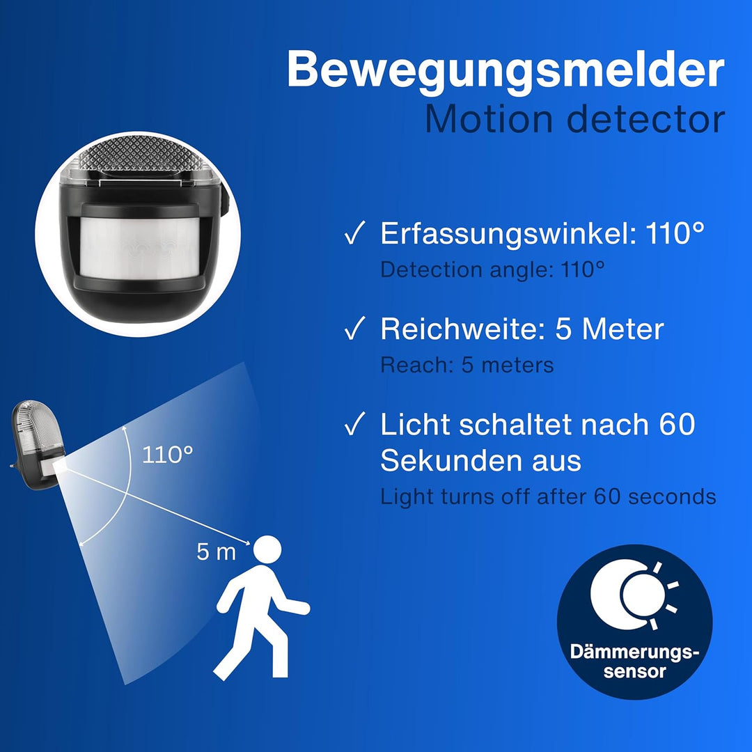 REV Nachtlicht - Steckdosenlampe mit Bewegungsmelder, Erfassungsbereich 110° bis zu 5m, LED Nachtlic