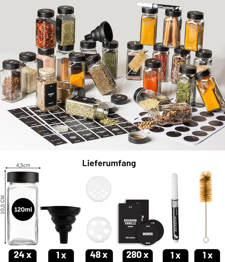 Deco haus® Gewürzgläser eckig luftdicht 24er Set [inkl. Etiketten & Streueinsatz] - Gewürzdosen Set