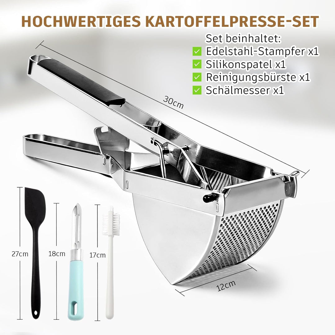 Kartoffelpresse Edelstahl mit Silikongriff, Schäler, Reinigungsbürste und Schaber, Robust - Spätzlep