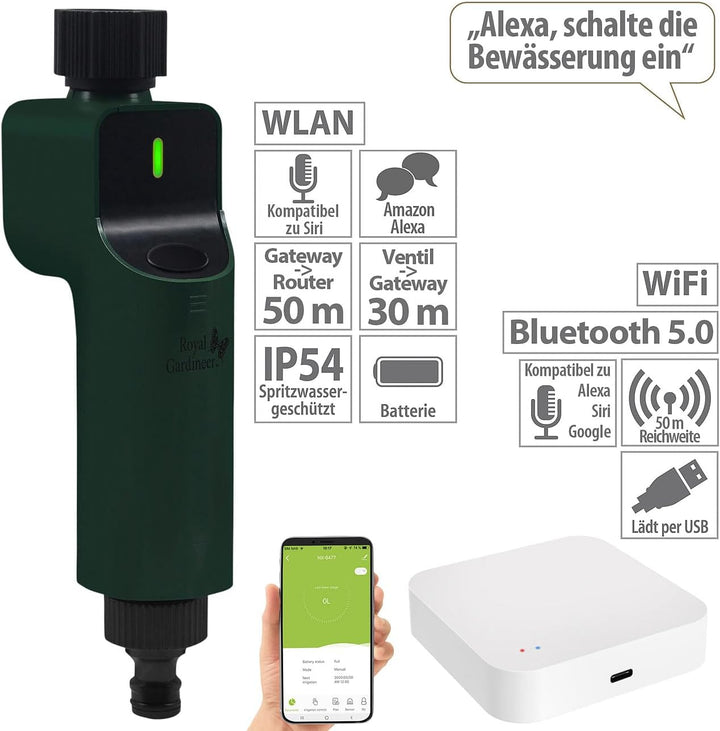 Royal Gardineer ZigBee Wasserventil: Bewässerungsventil mit ZigBee-Gateway, App- und Sprach-Steuerun