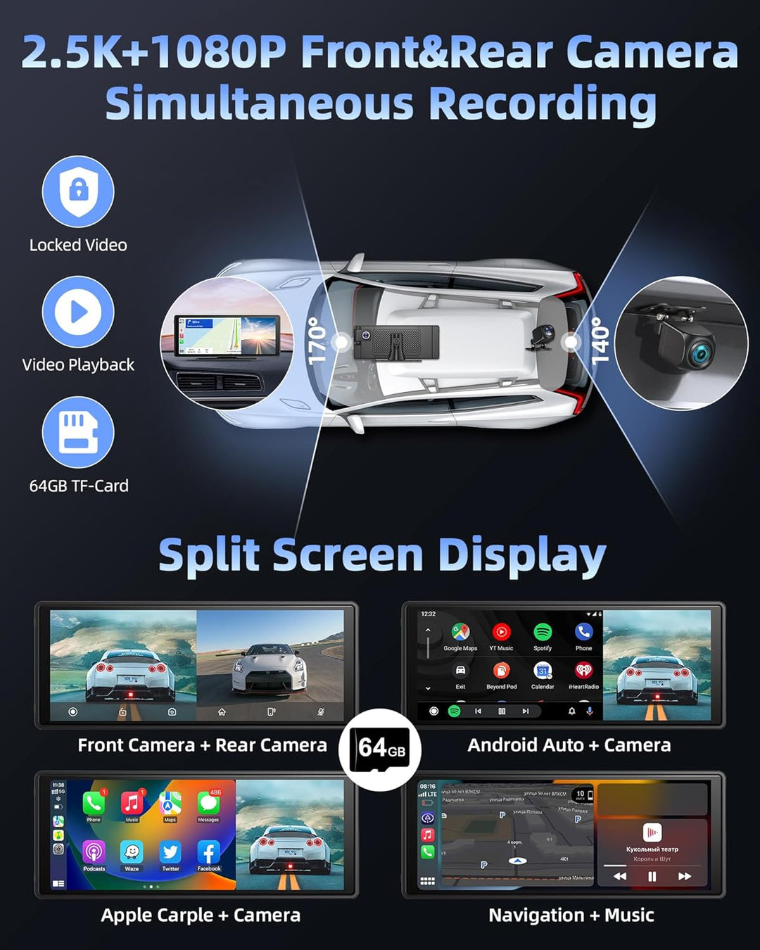 Exklusiv 10,26 Zoll Carplay Display Android Auto Display mit 180° Drehen 2,5K Dashcam, Wireless Auto