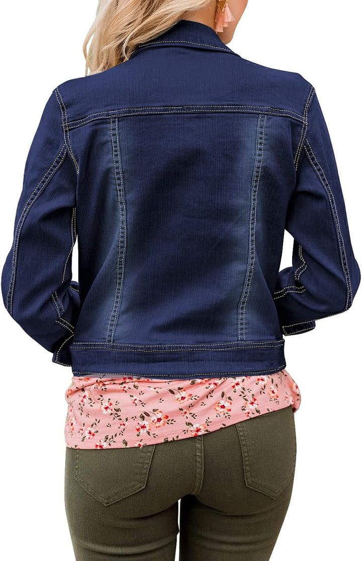 Roskiky Jeansjacken Damen Jean Stretchy Langarm Trucker Jacke mit Tasche M Blau, M Blau
