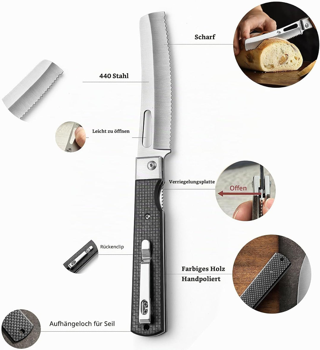 SENBON 440A Camping Brot Messer Edelstahl Sharp japanisches stil Falten Tragbare Reise Gebäck Kohlef