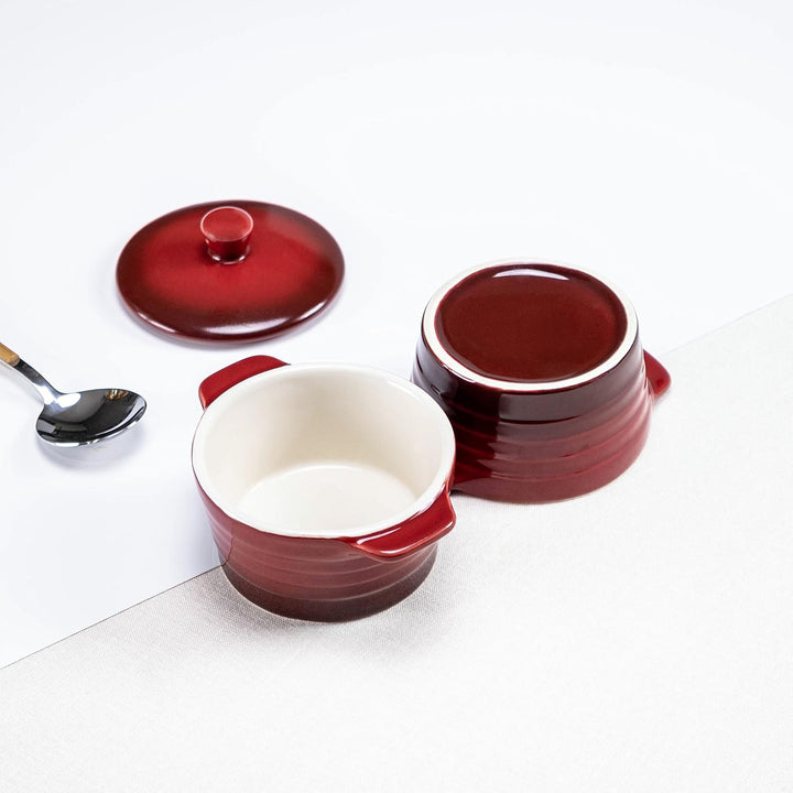 Souffléförmchen, Auflaufform mit Deckel aus Steinzeug - 4 x 230 ml, Dessertschale mit Henkel für Sou