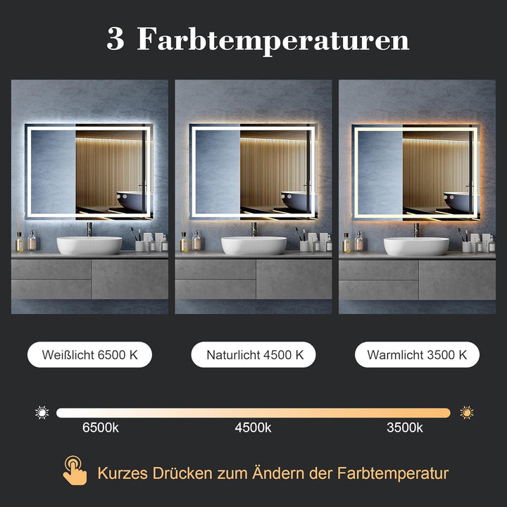Badspiegel mit Beleuchtung, Badezimmerspiegel 80 x 60 cm, LED Spiegel Bad, mit 3 Lichtfarben, Dimmba