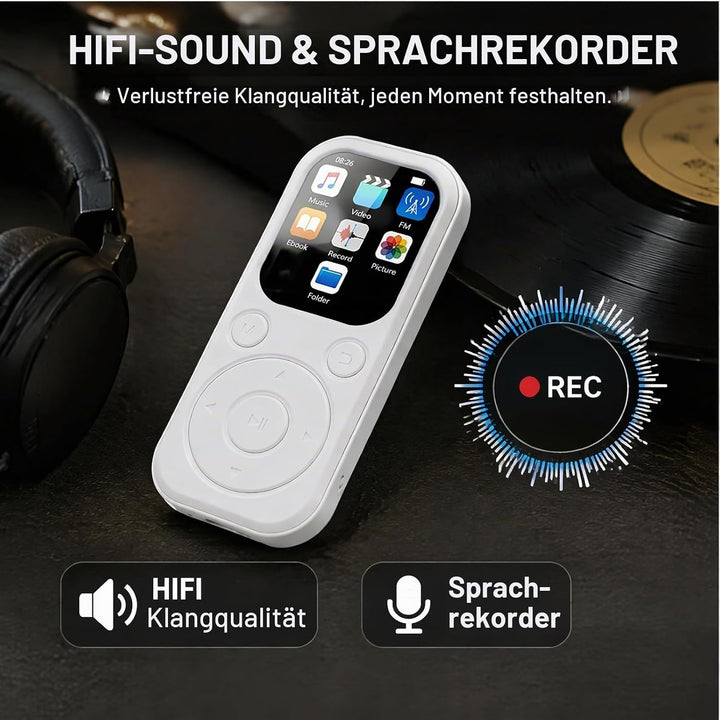 MP3 Player mit Bluetooth 5.4 &amp; HiFi Lautsprecher, 2,01 Bildschirm MP4 Player, Sprachaufzeichnung, 12