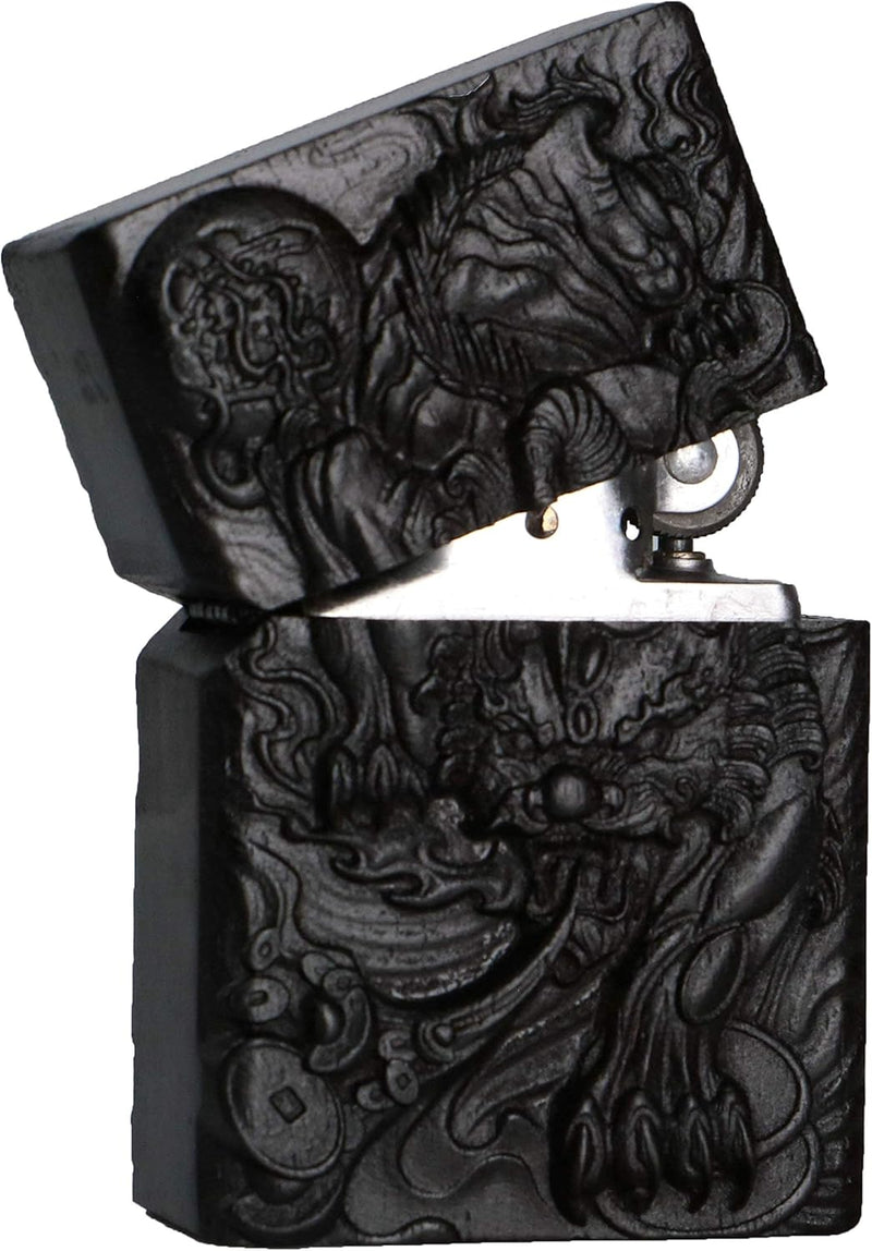 Generic Natural Ebony Black Wood Carved Lichter Shell Box For Zippo Module Rich Unicorn Reiches Einh