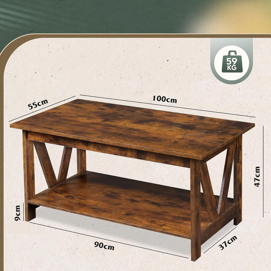 WLIVE Couchtisch Rechteckig, wohnzimmertisch Holz mit offenes Fach, V-Streben, Sofatisch Für Wohnzim