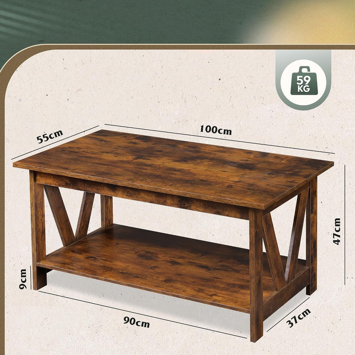 WLIVE Couchtisch Rechteckig, wohnzimmertisch Holz mit offenes Fach, V-Streben, Sofatisch Für Wohnzim