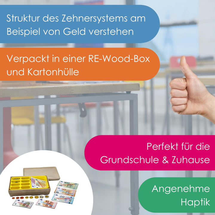 WISSNER® RE-Plastic Euro Spielgeld in Einer RE-Wood Box (290 Teile)