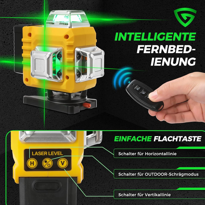Kreuzlinienlaser Grün 16 Linien 4×360° – Selbstnivellierende Laser Wasserwaage, Horizontal & Vertika