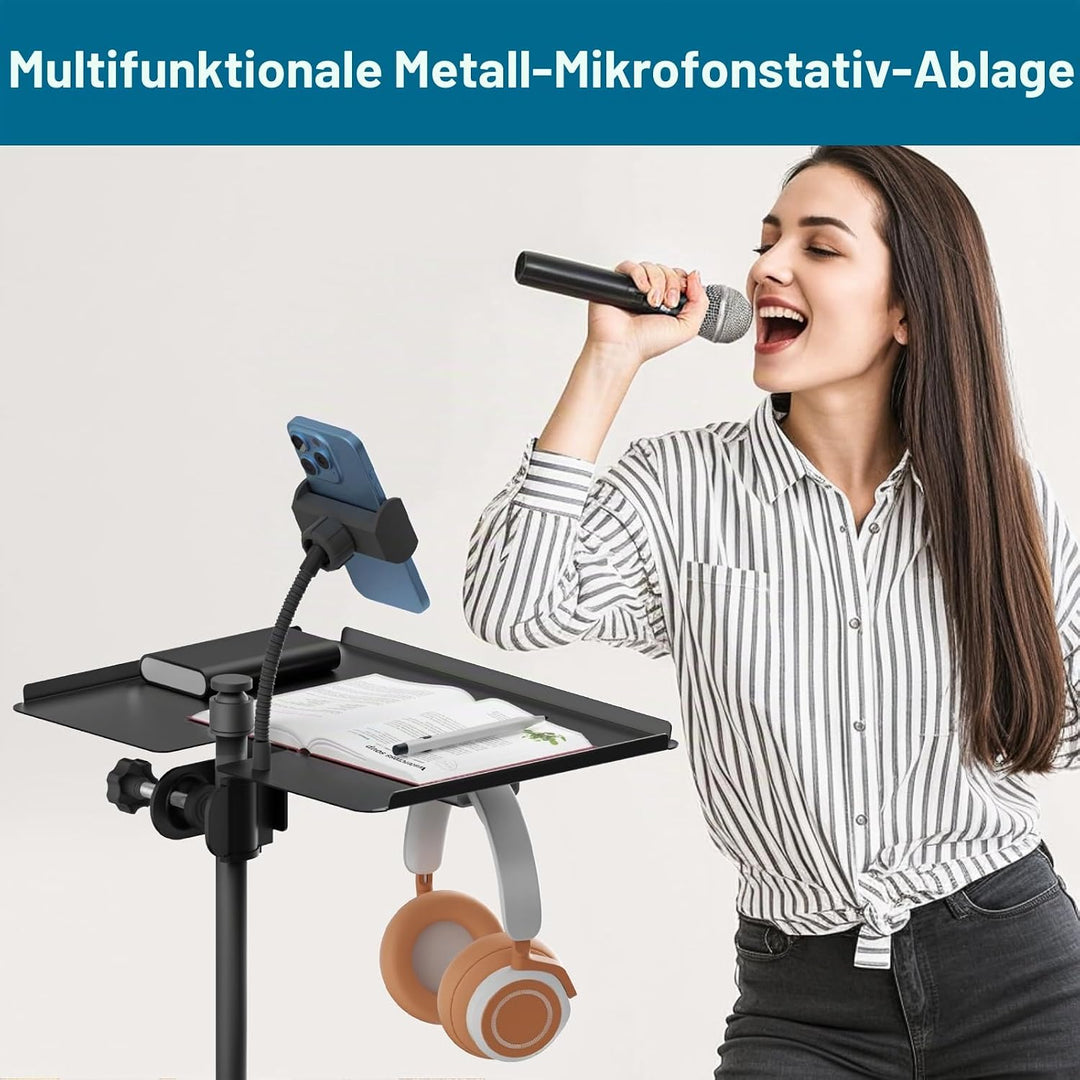 Funktionaler Metall-Mikrofonständer mit Handyhalter – universeller grosser Mikrofonständer, Tablett,