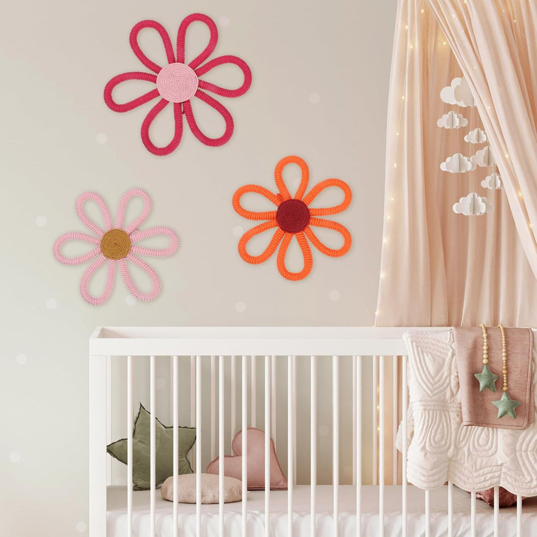 Barydat 6 Stück Boho-Kinderzimmer-Dekoration, Gänseblümchen, gewebter Makramee-Wandbehang, 3 Grössen