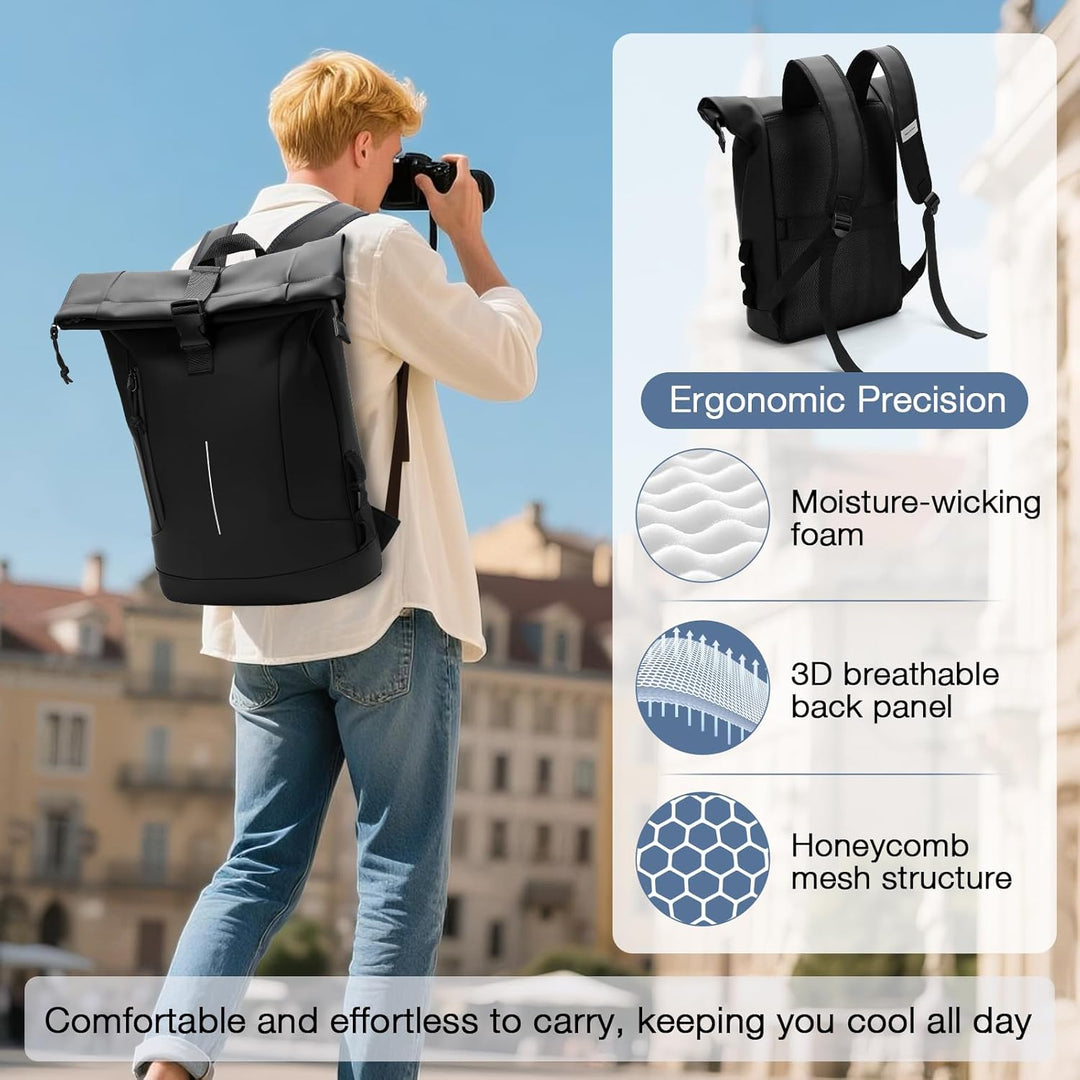 Rolltop Rucksack Herren Damen, Wasserdicht Laptop Schulrucksack mit 17 Zoll Laptopfach, Gross Reiser