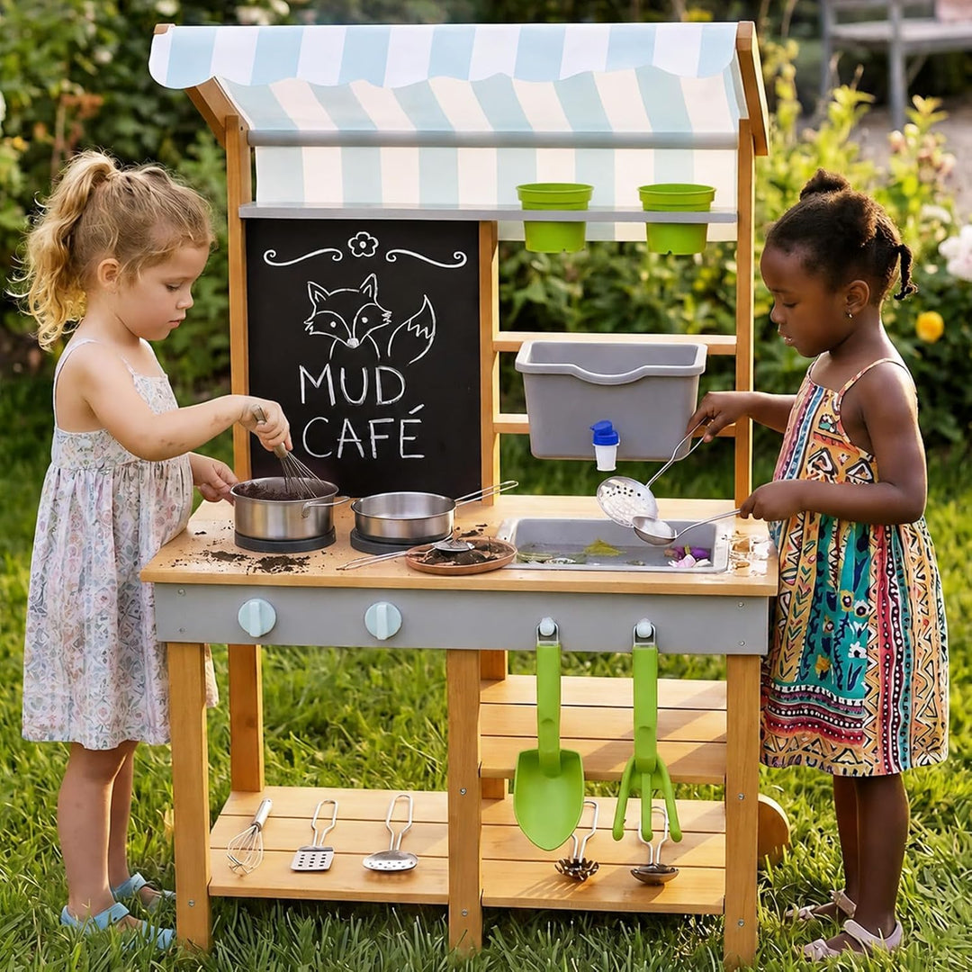 Matschküche Kinder Outdoor Holz mit Wasserdichtem Dach & Rädern, Kinderküche mit Wassertank Wasserha
