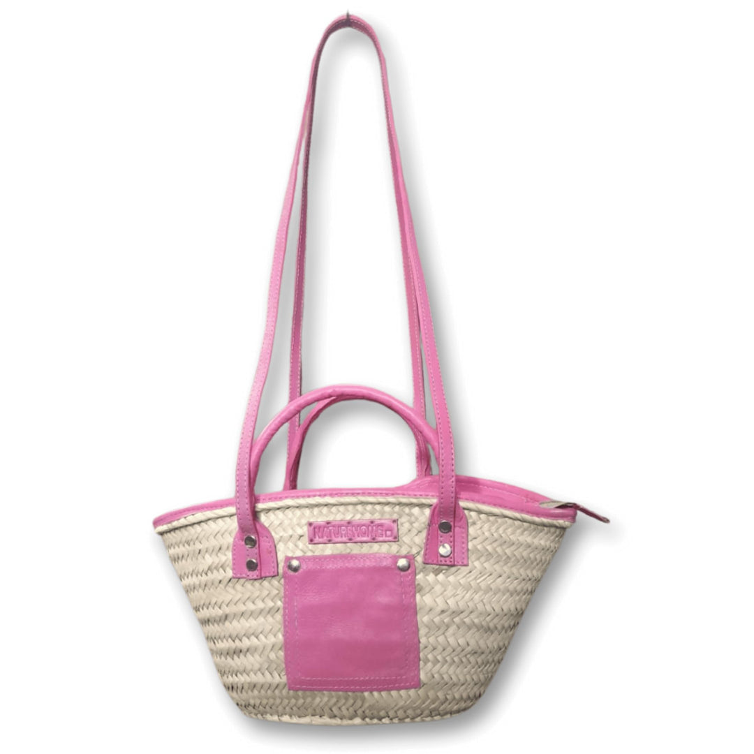NATUREHOME Eleganz: Nachhaltige Palmblatt-Tasche mit stilvollen Pinken Leder-Highlights 37x12x16cm,
