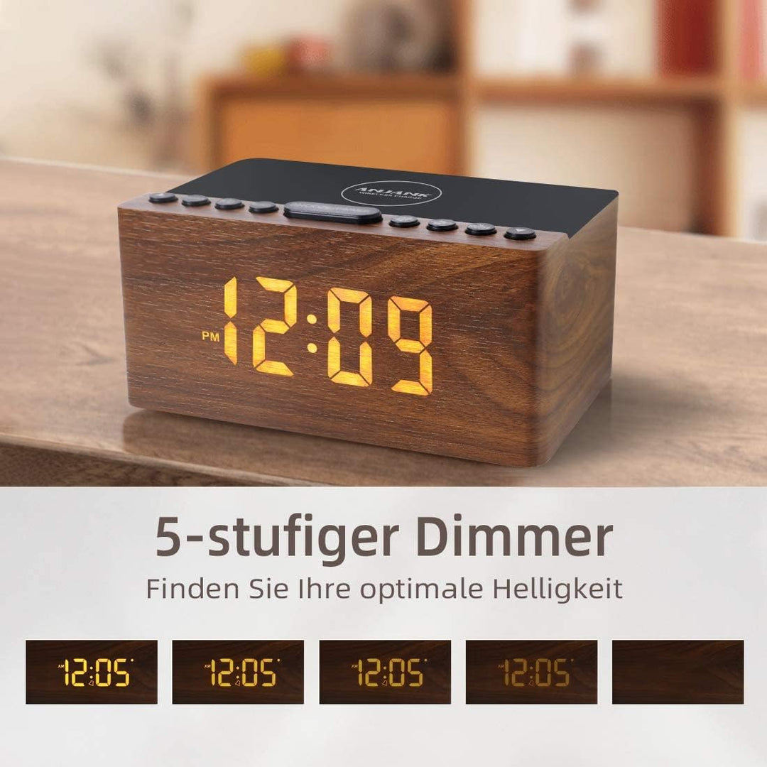 ANJANK Digitaler Radiowecker aus Holz mit Kabelloser Ladestation，10W Fast Wireless Charger for iPhon