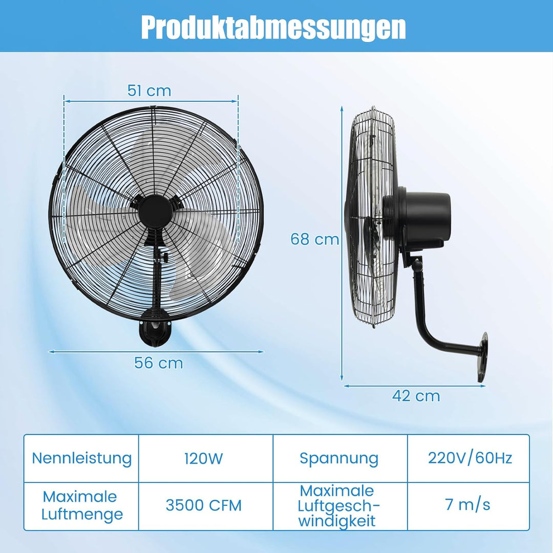 GOPLUS Wandventilator, 51cm oszillierender Ventilator, 3 Geschwindigkeiten (Schwarz), Schwarz