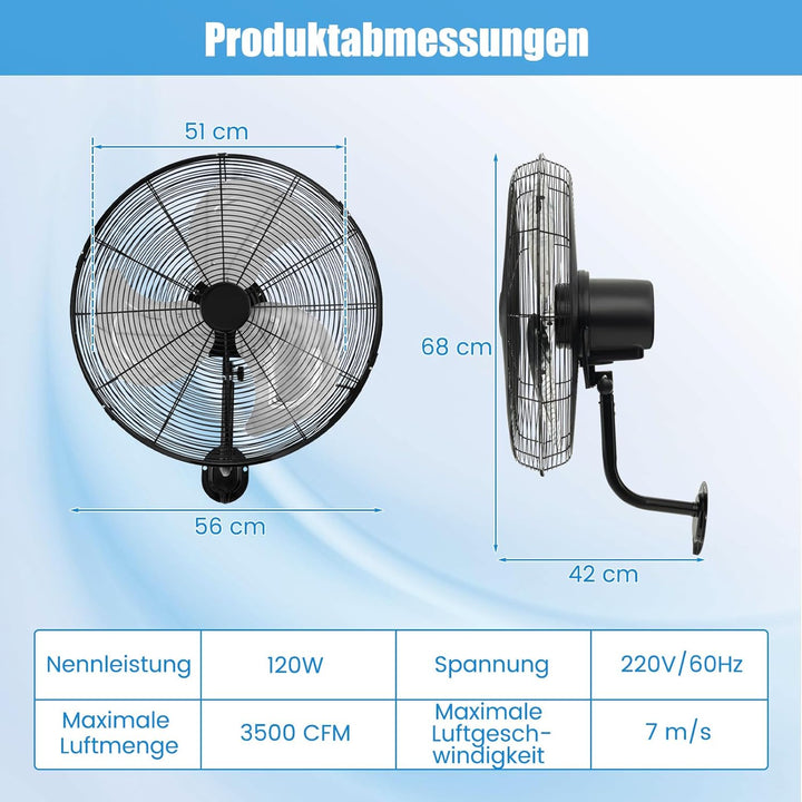 GOPLUS Wandventilator, 51cm oszillierender Ventilator, 3 Geschwindigkeiten (Schwarz), Schwarz