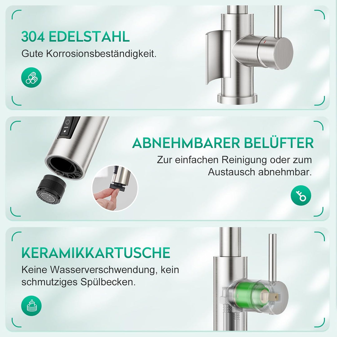 CREA 3 Wege Küchenarmatur mit Brause, Drei Wege Wasserhahn Küche Ausziehbar, 360° Drehbar 3 Wege Mis