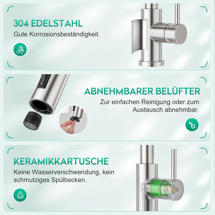CREA 3 Wege Küchenarmatur mit Brause, Drei Wege Wasserhahn Küche Ausziehbar, 360° Drehbar 3 Wege Mis