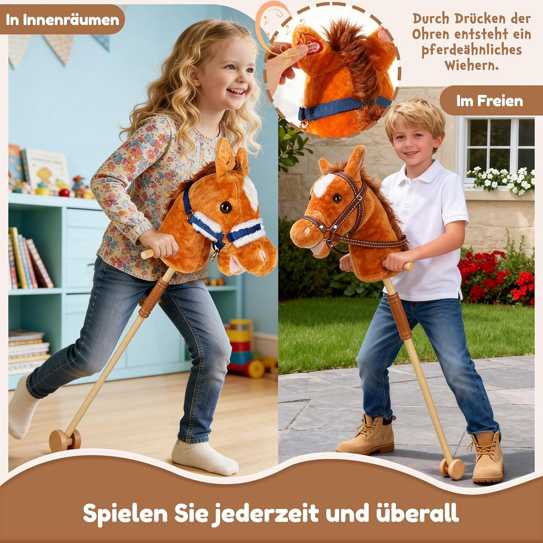 IEEILULU Hobby Horse, Steckenpferd Kinder Rosa, Holzpferd für Draussen mit Hobby Horse Trense, Räder