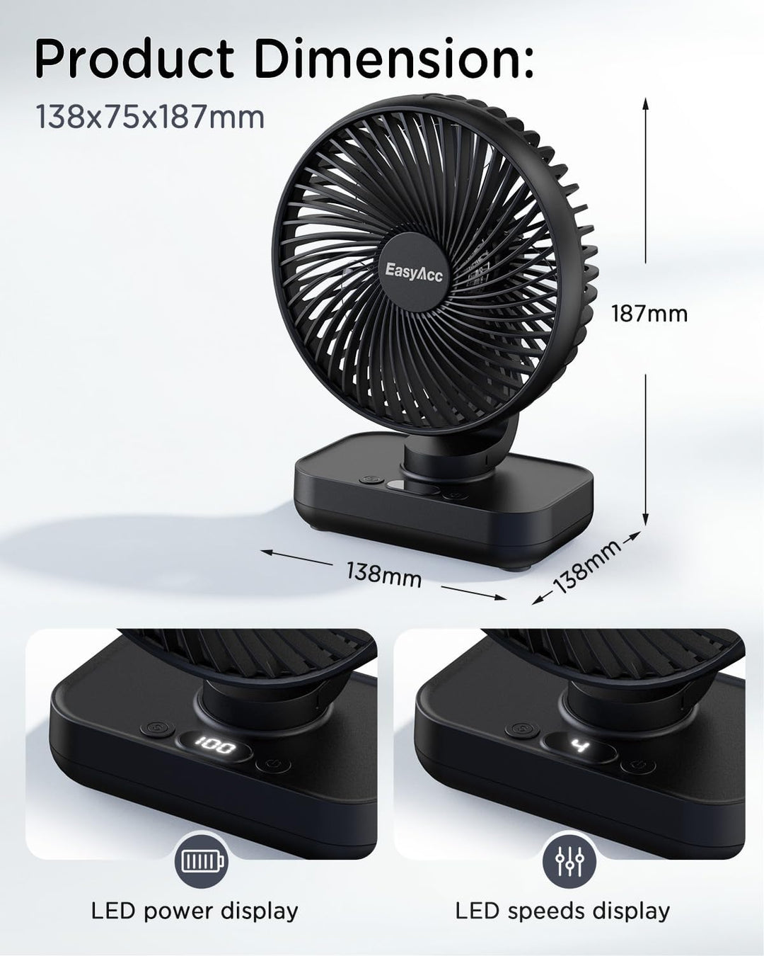 EasyAcc Tischventilator Oszillierend Batterie USB Ventilator 4000 Akku Klein Tragbarer 4 Geschwindig