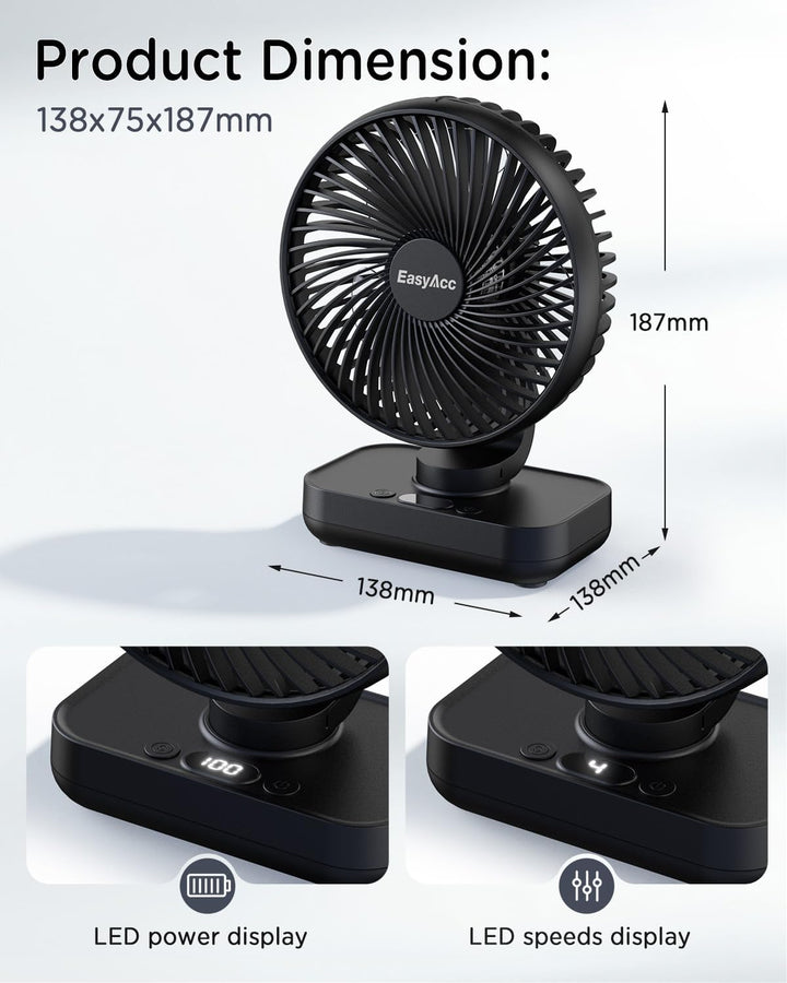 EasyAcc Tischventilator Oszillierend Batterie USB Ventilator 4000 Akku Klein Tragbarer 4 Geschwindig