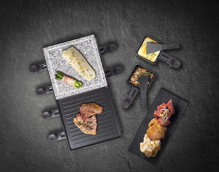 Bestron 2-in-1 Raclette-Partygrill: elektrisches Raclette für bis zu 8 Personen, kratzfester Naturgr