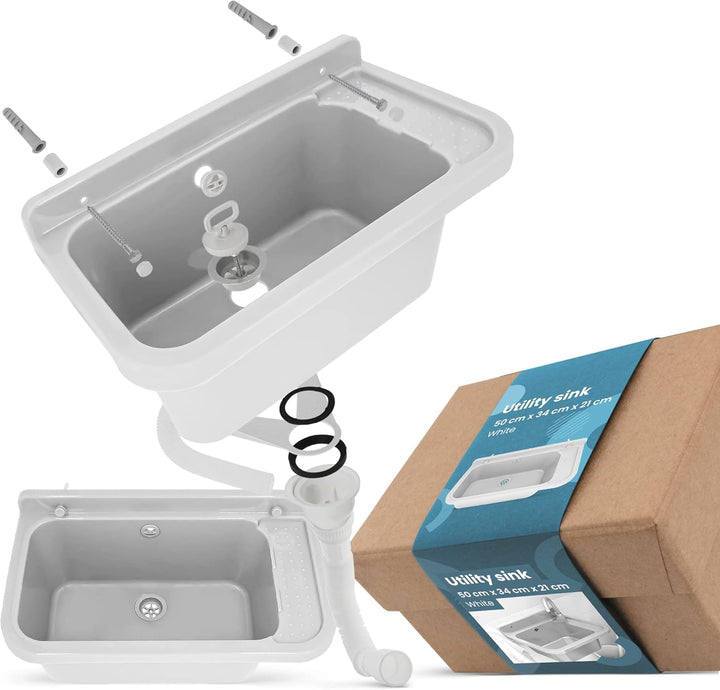 Waschbecken mit Regal 50 x 34 x 21 cm Weiss | Spülbecken Ausgussbecken Waschtrog Becken Ablage Überl