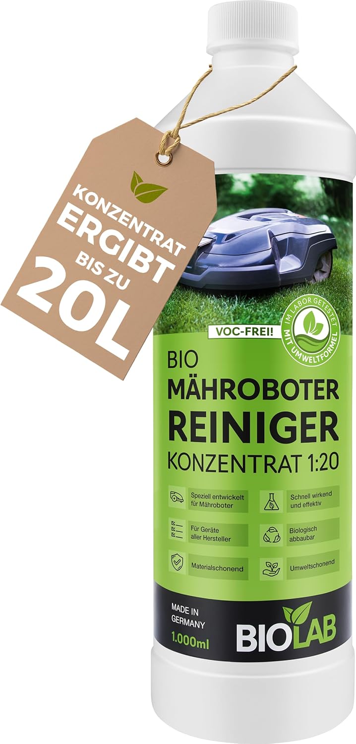 BIOLAB Bio Mähroboter Reiniger (1000 ml Konzentrat) zur Rasenmäher Roboter Reinigung, passend für Ga