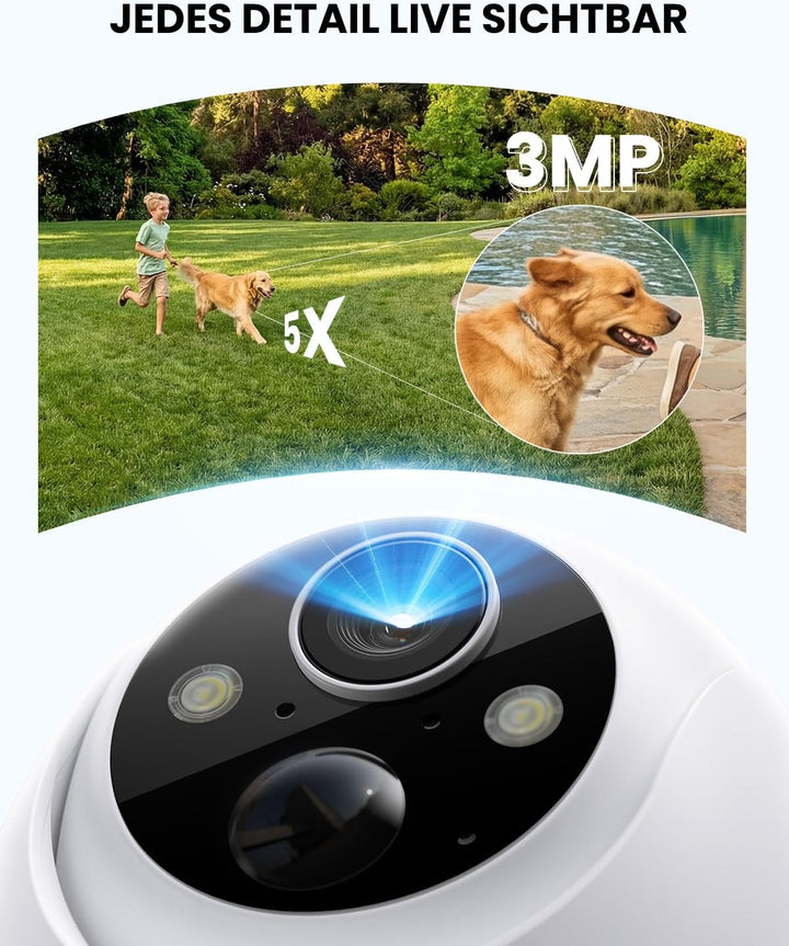 2K Überwachungskamera Aussen Akku Solar, Kabellos 2,4GHz WLAN Outdoor Kamera, 360° PTZ Kamera Überwa